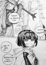 1girl absurdres allmind_(armored_core_vi) armored_core armored_core_vi:_fires_of_rubicon black_hair blunt_bangs chronozbergh crossover earrings elden_ring elden_ring_nightreign highres jewelry looking_at_viewer personification short_hair smile sword weapon wylder_(elden_ring)