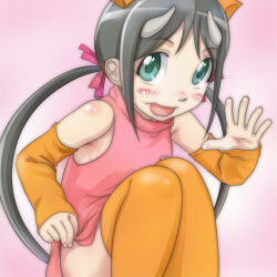 1girl animal_ears black_hair blush clothes_lift detached_sleeves dress dress_lift etotama green_eyes hair_ribbon heart horns loli long_hair long_sleeves looking_at_viewer low_twintails no_panties open_mouth orange_thighhighs pig_ears pig_girl pink_background pink_dress pink_ribbon ribbon sitting sleeveless sleeveless_dress smile t_jiroo_(ringofriend) thighhighs twintails uri-tan waving