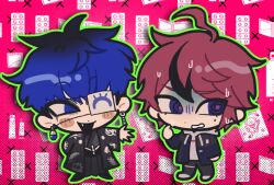2boys ahoge bed_sheet black_background black_hair blue_eyes blush bridge_piercing chibi chibi_only earrings eyepatch face_piercing full_body hair_between_eyes hand_up japanese_clothes jewelry male_focus messy_hair multicolored_eyes multicolored_hair multiple_boys omori one_eye_covered open_mouth piercing red_eyes red_hair simple_background sumino_takumi teeth the_hundred_line_-last_defense_academy- white_background