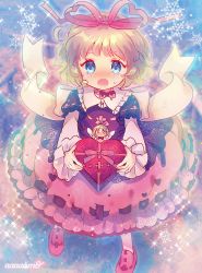 &gt;_&lt; 1girl absurdres amo_(shibu3) artist_name blonde_hair blouse blue_eyes blush bow bowtie collar commentary_request fairy fairy_wings female_focus frilled_collar frilled_skirt frills full_body gift hair_bow hair_ribbon highres holding holding_gift juliet_sleeves layered_sleeves long_sleeves looking_at_viewer medicine_melancholy open_mouth pink_ribbon pink_shoes pink_skirt presenting puffy_sleeves red_shirt ribbon ribbon-trimmed_blouse ribbon-trimmed_skirt ribbon_trim sash shirt shoes short_hair short_over_long_sleeves short_sleeves skirt snowflakes solo solo_focus sparkle su-san touhou white_sash wings