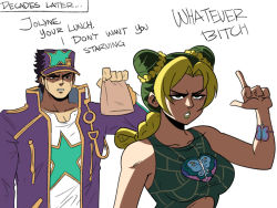 1boy 1girl bare_shoulders black_hair bracelet braid braided_ponytail coat double_bun english_text father_and_daughter green_hair hair_bun hat highres holding holding_sack insult jewelry jojo_no_kimyou_na_bouken kuujou_jolyne kuujou_joutarou long_sleeves middle_finger profanity purple_coat purple_headwear sack shirt star_(symbol) stone_ocean tina_fate white_shirt