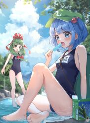 2girls absurdres blue_eyes blue_hair blue_sky blush breasts cloud covered_navel eating food fruit full_body green_eyes green_hair hat highres holding holding_food holding_fruit holding_watermelon ice_cream kagiyama_hina kawashiro_nitori large_ribbon legs long_hair medium_hair multiple_girls one-piece_swimsuit open_mouth river school_swimsuit sky small_breasts smile swimsuit thighs touhou tree wading water watermelon wheat_retzel