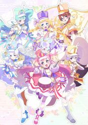 2boys 4girls adapted_costume animal_ears aqua_bow aqua_hair aqua_hat blonde_hair blue_eyes blue_hat blue_shoes boots bow bow_legwear braid bright_pupils brown_hair circle_skirt closed_mouth coat colored_tips colorful_background crown_earrings crown_print cure_friendy cure_lillian cure_nyammy cure_wonderful dress dress_bow drum drumsticks earrings epaulettes eyelashes floating_hair floral_background flute footwear_bow frilled_dress frilled_thigh_strap frilled_thighhighs frills full_body gloves grey_boots hat hat_ornament hat_print heart heart_hat_ornament high_heels high_side_ponytail highres holding holding_drumsticks holding_wand instrument inukai_iroha inukai_komugi jewelry knee_boots leg_up long_hair looking_at_viewer lop_rabbit_ears low_twin_braids magical_boy magical_girl multicolored_hair multiple_boys multiple_girls music nekoyashiki_mayu nekoyashiki_yuki nico-sama one_eye_closed open_mouth orange_hat outline pantyhose pink_bow pink_dress pink_eyes pink_hair pink_hat pink_sash pink_shoes playing_instrument precure puffy_short_sleeves puffy_sleeves pumps purple_bow purple_dress purple_eyes purple_hat purple_pantyhose purple_sash rabbit_ears sash serizawa_serizane shako_cap shoes short_dress short_hair short_sleeves shorts single_stripe sleeve_bow smile streaked_hair striped_clothes striped_pantyhose striped_sash swept_bangs tareme thigh_strap thighhighs toyama_daifuku toyama_satoru twin_braids twitter_username two-tone_bow two-tone_hair two-tone_pantyhose two_side_up unicorn very_long_hair wand watermark wavy_hair white_bow white_coat white_dress white_gloves white_hair white_outline white_pupils white_shorts white_sleeves white_thighhighs wing_hat_ornament wonderful_precure! yellow_pantyhose