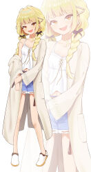1girl absurdres bare_legs blonde_hair blush braid breasts camisole cleavage collarbone commentary cosplay denim denim_shorts fang fujita_kotone gakuen_idolmaster highres idolmaster long_hair looking_at_viewer ritseya robe shinosawa_hiro shinosawa_hiro_(cosplay) shoes short_shorts shorts simple_background single_bare_shoulder skin_fang small_breasts smile twin_braids white_background white_camisole white_robe white_shoes yellow_eyes zoom_layer