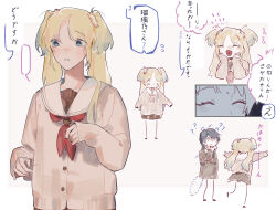 Rule 34 | 2girls, :d, ?, ??, ^ ^, black hair, blonde hair, blue eyes, blue hair, borrowed clothes, brown cardigan, brown dress, cardigan, closed eyes, commentary, drawn ears, drawn tail, dress, flower, flying sweatdrops, gradient hair, hair flower, hair ornament, hands on own cheeks, hands on own face, happy aura, hasu no sora school uniform, heart, heart in mouth, highres, left-to-right manga, light blue hair, link! like! love live!, long hair, long sleeves, love live!, low twintails, medium dress, multicolored hair, multiple girls, multiple views, murano sayaka, neckerchief, open mouth, osawa rurino, parted bangs, pink flower, pipi (m1x mix), red neckerchief, running, sailor collar, sailor dress, school uniform, sleeves past wrists, smile, speech bubble, stick figure, sweat, twintails, white sailor collar, winter uniform