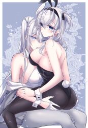 2girls alternate_costume animal_ears ass black_leotard black_pantyhose blue_eyes blush breasts cleavage closed_mouth dated fake_animal_ears fuyutsuki_(kancolle) grey_hair grey_pantyhose hair_between_eyes hair_ribbon headband highres jewelry kabocha_torute kantai_collection large_breasts leotard long_hair multiple_girls one_side_up pantyhose parted_lips playboy_bunny rabbit_ears rabbit_tail ribbon ring sitting sitting_on_lap sitting_on_person strapless strapless_leotard suzutsuki_(kancolle) tail twitter_username wedding_ring white_leotard white_ribbon wrist_cuffs yuri