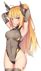 1girl absurdres ahoge arm_warmers armpits arms_up bad_id bad_pixiv_id bare_shoulders breasts brown_leotard brown_thighhighs closed_mouth covered_navel cowboy_shot female_focus groin headgear highleg highleg_leotard highres large_breasts last_origin leotard long_hair looking_at_viewer ocs3533 orange_eyes orange_hair p-24_pinto ponytail simple_background smile solo standing thighhighs thighs very_long_hair white_background