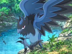 bird closed_mouth commentary_request corvisquire day feathers from_side gen_8_pokemon highres kosaburou looking_at_viewer nintendo no_humans outdoors pokemon pokemon_(creature) red_eyes sideways_glance solo talons tree water