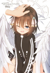 1girl 1other ;d absurdres black_footwear black_shorts blue_eyes bow brown_hair commentary_request commission coreytaiyo dated disembodied_hand fang feathered_wings gym_shorts hair_between_eyes hair_bow halo headpat heart highres jacket one_eye_closed open_mouth original shoes short_shorts shorts signature simple_background sitting skeb_commission smile socks solo_focus track_jacket translation_request wariza white_background white_bow white_socks white_wings wings