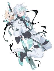 1boy animal animal_on_head aqua_eyes bird bird_on_head black_footwear black_gloves black_wetsuit boots cloud_strife cropped_jacket final_fantasy final_fantasy_vii final_fantasy_vii_ever_crisis fingerless_gloves full_body garter_straps gloves grey_hair hair_between_eyes highres holding_behind_back holding_weapon_behind_back jacket looking_at_viewer male_focus official_alternate_costume on_head parted_bangs parted_lips pokashi sephiroth sephiroth_(ever_crisis) sephiroth_(natant_jacket) short_hair shorts slit_pupils smile thighhighs visor_cap white_background white_jacket white_shorts white_thighhighs