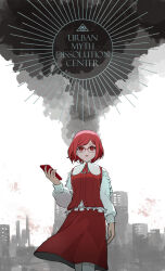 1girl building collared_shirt commentary_request copyright_name cowboy_shot frilled_shirt frills fukurai_azami glasses grey_background hand_up highres holding holding_phone long_sleeves looking_at_viewer motoiwork open_mouth phone red_eyes red_hair red_skirt shirt short_hair skirt solo standing toshi_densetsu_kaitai_center white_shirt
