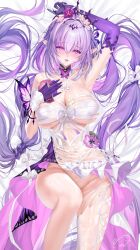 Rule 34 | 1girl, arm up, asymmetrical gloves, bed sheet, blush, bow, breasts, butterfly ornament, castorice (honkai: star rail), cleavage, collarbone, commentary, elbow gloves, flower, gloves, hair bow, hair intakes, hair ornament, highres, honkai: star rail, honkai (series), huge breasts, knee up, large breasts, long hair, looking at viewer, lower teeth only, lying, no panties, on back, open mouth, pink eyes, pink flower, pink hair, pink skirt, pointy ears, purple gloves, sarashi, shiny skin, signature, single elbow glove, single thighhigh, skindentation, skirt, smile, solo, teeth, thighhighs, thighs, torn clothes, torn thighhighs, very long hair, weisuoxin, white bow, white thighhighs, white wrist cuffs, wrist cuffs