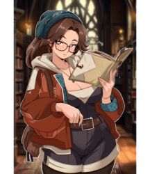 1girl alma_(monster_hunter_wilds) bandana black-framed_eyewear black_pants blue_bandana blush book breasts brown_bag brown_eyes brown_hair brown_pantyhose cleavage cropped_legs glasses highres holding holding_book jacket jewelry large_breasts library long_hair long_sleeves looking_at_viewer monster_hunter_(series) monster_hunter_wilds necklace orange_jacket pants pantyhose reading solo vizaz