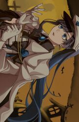 Rule 34 | 1girl, ado (utaite), black bow, black bowtie, black hair, blue brooch, blue eyes, blue flower, blue hair, blue rose, bow, bowtie, chando (ado), coat, coat on shoulders, commentary, flower, gloves, hat, highres, keeko (kk 0012), mole, mole under eye, open mouth, ponytail, putting on gloves, rose, sideways, solo, symbol-only commentary, upper body, white coat, white gloves, white hat