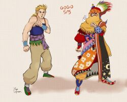 1boy 1other baggy_pants blonde_hair copying face_mask facepaint final_fantasy final_fantasy_vi gogo highres mask mime pants pose_imitation sabin_rene_figaro tayasigerson