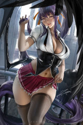 1girl 2020 angel_wings artist_name black_thighhighs black_wings breasts cleavage clothes_lift collared_shirt commentary demon_wings english_commentary female_focus hair_ribbon high_school_dxd himejima_akeno holding holding_own_hair kuoh_academy_school_uniform large_breasts lightning long_hair looking_at_viewer midriff miniskirt multicolored_shirt navel parted_lips pleated_skirt ponytail purple_eyes purple_hair red_skirt ribbon school_uniform shirt short_sleeves sidelocks signature skindentation skirt skirt_lift smile solo standing thighhighs thighs very_long_hair wings yellow_ribbon zumi_(zumidraws)