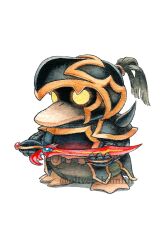 Rule 34 | armor, black armor, commentary, dark knight (final fantasy), english commentary, faulds, final fantasy, full armor, full body, gauntlets, gen 1 pokemon, glowing, glowing eyes, helmet, holding, holding sword, holding weapon, nintendo, no humans, oliver hamlin, pauldrons, pokemon, pokemon (creature), pokemon focus, psyduck, shoulder armor, simple background, spiked armor, standing, sword, weapon, white background, yellow eyes
