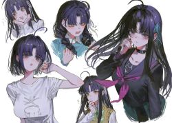 1girl ahoge awa_subaru black_hair black_nails black_sailor_collar black_shirt blue_shirt braid brown_sweater_vest commentary_request girls_band_cry hair_intakes hair_ribbon hands_on_own_cheeks hands_on_own_face highres long_hair lunifish multiple_views nail_polish neckerchief official_alternate_hairstyle parted_bangs purple_eyes purple_neckerchief ribbon sailor_collar school_uniform serafuku shirt short_hair simple_background sweater_vest twin_braids upper_body white_background white_shirt