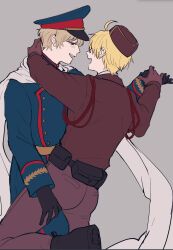2boys ahoge america_(hetalia) axis_powers_hetalia back belt black-framed_eyewear black_belt black_boots black_gloves blonde_hair blue_hat blue_jacket blue_pants blush boots brown_gloves brown_hat brown_jacket brown_pants commentary_request cowboy_shot dancing glasses gloves grey_background hair_between_eyes hand_on_another&#039;s_neck hand_up hat highres holding_hands jacket looking_at_another male_focus military_hat military_jacket military_uniform multiple_boys open_mouth pants pocket purple_eyes russia_(hetalia) sama_8_sm scarf semi-rimless_eyewear short_hair simple_background smile standing standing_on_one_leg teeth white_scarf yaoi