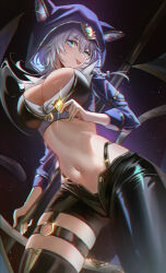 1girl absurdres animal_ear_fluff animal_ears blue_eyes breasts cat_ears cat_girl cat_tail chromatic_aberration cipher_(honkai:_star_rail) cleavage cowboy_shot fingernails goboogie grey_hair highres holding holding_polearm holding_weapon honkai:_star_rail honkai_(series) hood hood_up large_breasts looking_at_viewer navel polearm smile solo tail thighs tongue tongue_out weapon yellow_nails