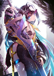 1girl armor bikini black_hair blue_eyes blue_hair breasts commentary_request commission fantasy highres lance long_hair looking_at_viewer multicolored_hair original pink_hair pixiv_commission polearm small_breasts smile sumi_keiichi swimsuit valkyrie very_long_hair weapon