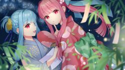 2girls back_bow binchou_maguro blue_hair blue_kimono blue_ribbon blunt_bangs blurry bow braid commentary_request depth_of_field finger_to_mouth flower from_behind green_bow hair_flower hair_ornament hair_ribbon half_up_half_down_braid hand_fan holding holding_fan index_finger_raised japanese_clothes kimono kotonoha_akane kotonoha_aoi long_hair long_sleeves looking_at_viewer low-tied_sidelocks multiple_girls night night_sky obi open_mouth parted_lips pink_hair pink_kimono plant ponytail print_kimono profile red_eyes ribbon sash shushing siblings sidelocks sisters sky star_(sky) starry_sky upper_body voiceroid white_flower wide_sleeves yellow_flower yukata