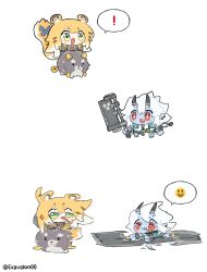 2girls animal_ear_fluff animal_ears black_horns blonde_hair blue_skin colored_skin emoticon fang green_eyes highres holding holding_weapon horns jacket ju_fufu long_hair multicolored_hair multiple_girls oni open_mouth pointy_ears red_eyes shirt short_hair sidelocks sima_(startwitch) simple_background skin-covered_horns soukaku_(zenless_zone_zero) sparkling_eyes spinning symbol-shaped_pupils tail tiger_ears tiger_girl weapon white_background white_hair white_shirt zenless_zone_zero