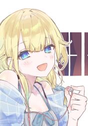 1girl aizawa_ema alternate_costume bare_shoulders blonde_hair blue_eyes bossun_(laetus) close-up commentary earphones gradient_hair hair_flaps hair_ornament hair_scrunchie highres jacket long_hair multicolored_hair off_shoulder open_mouth parted_bangs plaid_clothes plaid_jacket scrunchie solo spaghetti_strap virtual_youtuber vspo! white_background