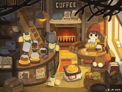 1girl animal artist_name bag basket beanie black_cat cafe cat chair coffee coffee_mug coffee_pot commentary counter cup drinking fireplace food hat highres holding holding_cup hood hood_down hoodie indoors kettle ladder mug original pancake plant potted_plant red_hat shelf shimarisu_yukichi short_hair sign sitting squirrel stirring table vegetable window wood yellow_hoodie