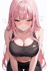 1girl alternate_costume bad_id bad_twitter_id bare_shoulders blush breasts cleavage facing_viewer female_focus foame highres hololive hololive_english large_breasts long_hair looking_down mori_calliope pants pink_eyes pink_hair sports_bra sweatdrop sweatpants virtual_youtuber white_background