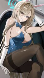 absurdres animal_ears arm_support arm_up asuna_(blue_archive) asuna_(bunny)_(blue_archive) bare_shoulders black_pantyhose blue_archive blue_bow blue_bowtie blue_eyes blue_halo blue_leotard bow bowtie breasts cleavage commentary detached_collar elbow_gloves eyes_visible_through_hair fake_animal_ears gloves hair_intakes hair_over_one_eye halo highres large_breasts leotard light_brown_hair long_hair mole mole_on_breast official_alternate_costume pantyhose pibag rabbit_ears sitting skindentation strapless strapless_leotard thighband_pantyhose very_long_hair washing_machine white_gloves
