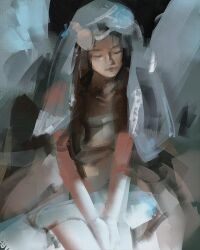 1girl brown_hair closing_eyes copyright_request dress highres painting_(medium) pluvium_grandis solo tagme traditional_media white_dress