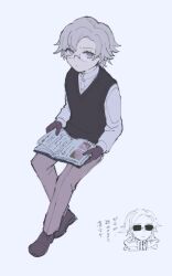 1boy aged_down aotsuki_eito book brown_gloves brown_pants brown_shoes dress_shirt full_body glasses gloves grey_eyes grey_hair highres holding holding_book looking_at_viewer male_focus okdswts open_book pants shirt shoes short_hair sketch solo sunglasses the_hundred_line_-last_defense_academy- white_background white_shirt