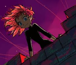1boy androgynous black_bodysuit blue_eyes bodysuit commentary_request floating_hair from_below grandia grandia_i hontani_toshiaki justin_(grandia) looking_at_viewer male_focus purple_sky red_hair sketch sky smile solo wind