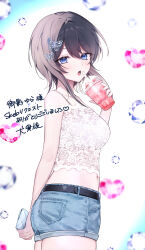 1girl absurdres arm_behind_back bare_shoulders belt black_belt blue_eyes blush breasts brown_hair butterfly_hair_ornament commentary_request commission cowboy_shot cup denim denim_shorts from_side hair_intakes hair_ornament hairpin hand_up heart heart-shaped_pupils highres holding holding_cup holding_wallet indie_virtual_youtuber kumo_tabetai lace_shirt looking_at_viewer medium_breasts medium_hair mikage_yura multiple_hairpins navel open_mouth shorts skeb_commission solo standing symbol-shaped_pupils tank_top thighs translation_request virtual_youtuber wallet white_tank_top