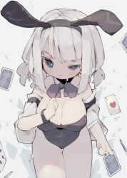 Rule 34 | 1girl, absurdres, animal ears, bare shoulders, blush, bow, bowtie, bracelet, breasts, card, detached sleeves, fang, half-closed eye, highres, jewelry, large breasts, legs together, leotard, looking at viewer, multicolored eyes, nep (nep 76), original, playboy bunny, playing card, rabbit ears, revision, short hair, solo, sparkling eyes, sweatdrop, white background, white hair
