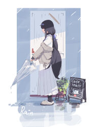 1girl absurdres bilibalakonglijiwa black_hair blue_archive brown_halo cardigan closed_mouth commentary_request door english_text from_side full_body grey_cardigan halo highres holding holding_umbrella long_hair long_skirt off_shoulder plant pleated_skirt potted_plant profile rain school_uniform serafuku skirt slippers solo standing ui_(blue_archive) umbrella very_long_hair white_skirt