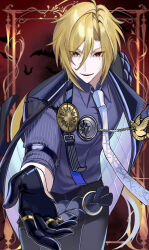 1boy black_gloves black_pants blonde_hair collared_shirt gloves gold_ring heterochromia highres hugo_vlad jewelry lapel_pin long_hair male_focus michik_create mole mole_under_eye multiple_rings necktie pants purple_necktie purple_shirt reaching reaching_towards_viewer ring shirt single_glove smile zenless_zone_zero