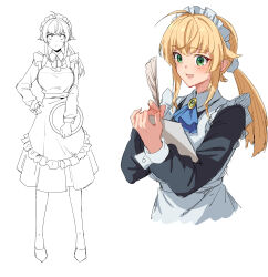 1girl absurdres ahoge apron ascot black_dress blonde_hair blue_ascot blush chubb cropped_torso dress frilled_apron frills full_body green_eyes highres holding holding_paper holding_quill long_hair long_sleeves maid_apron maid_headdress multiple_views mushoku_tensei norn_greyrat open_mouth paper ponytail quill simple_background standing upper_body white_apron white_background writing