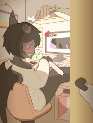 Rule 34 | 1boy, accident, azazel (the binding of isaac), bare legs, black hair, black horns, black skin, black wings, blush, broken horn, caught, chair, colored skin, computer, computer keyboard, demon, demon horns, demon wings, dildo, door, embarrassed, fang, highres, holding, holding sex toy, horns, legs apart, legs up, lube, monitor, no pants, on chair, open door, open mouth, phone, pornography, red eyes, sex toy, shuiyee, single bare shoulder, single off shoulder, sitting, skin fang, spread legs, surprised, sweatdrop, sweater, tears, the binding of isaac, thighs, trap, white sweater, wings
