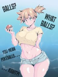 1girl absurdres arm_behind_back asymmetrical_hair blush breasts bzzch crop_top denim denim_shorts english_text female_focus gen_1_pokemon green_eyes gym_leader highres holding holding_poke_ball large_breasts looking_at_viewer midriff misty_(pokemon) navel nintendo orange_hair poke_ball poke_ball_(basic) pokemon pokemon_(anime) pokemon_(classic_anime) pokemon_rgby ponytail shirt short_hair short_shorts shorts side_ponytail solo standing thick_thighs thighs wide_hips yellow_shirt
