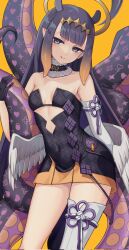 Rule 34 | 1girl, :q, black dress, blue eyes, blunt bangs, breasts, diamond hairband, dress, fur-trimmed collar, fur trim, gradient hair, halo, highres, hololive, hololive english, kushinaka, long hair, low wings, mole, mole under eye, multicolored hair, ninomae ina&#039;nis, ninomae ina&#039;nis (1st costume), orange hair, pointy ears, purple hair, single sleeve, single thighhigh, small breasts, solo, strapless, strapless dress, tentacle hair, tentacles, thighhighs, tongue, tongue out, tube dress, virtual youtuber, white sleeves, white thighhighs, wings, yellow background, yellow halo