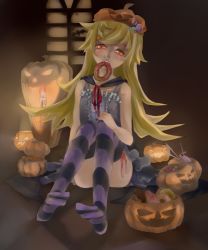 Rule 34 | 10s, blonde hair, donut, fangs, food, halloween, jack-o&#039;-lantern, monogatari (series), nemeko, nisemonogatari, oshino shinobu, red eyes, solo