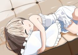 1girl :3 ^_^ absurdres ahoge atri atri-my_dear_moments- bare_shoulders brown_hair closed_eyes collarbone commentary couch cowboy_shot dress drooling dutch_angle facing_viewer frilled_dress frilled_pillow frills hair_down happy highres hugging_object lingerie long_hair lying miraikanai mouth_drool negligee official_alternate_costume on_couch on_side open_mouth pillow pillow_hug shiny_skin short_dress sleeping smile solo underwear white_dress