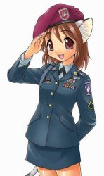 1girl animal_ears beret brown_eyes brown_hair cat_ears cat_tail ebifly female_focus hat military military_uniform moe-wakari!_gunsou_visual_guide pencil_skirt salute simple_background skirt solo tail white_background