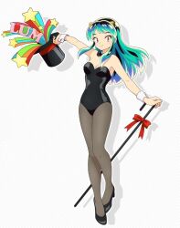 1girl artist_request black_bow black_bowtie black_footwear black_hat black_leotard black_pantyhose bow bowtie breasts cane character_name cone_horns detached_collar diagonal-striped_background eyelashes full_body green_hair hat high_heels holding holding_cane holding_unworn_clothes holding_unworn_hat horns leotard long_hair looking_at_viewer lum official_art pantyhose pointy_ears red_bow shadow sidelocks solo standing star_(symbol) strapless strapless_leotard striped_background top_hat unworn_hat unworn_headwear urusei_yatsura white_wrist_cuffs wrist_cuffs