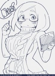1girl 2013 aran_sweater backless_dress backless_outfit bare_back bare_shoulders blush bob_cut breasts cable_knit character_name dated dress glasses handheld_game_console hands_up high_collar holding holding_handheld_game_console holding_stylus janpii large_breasts looking_at_viewer meme_attire monochrome naked_sweater nikki_(swapnote) nintendo nintendo_3ds semi-rimless_eyewear short_hair sideboob smile solo stylus swapnote sweater sweater_dress tegaki_draw_and_tweet turtleneck turtleneck_sweater upper_body virgin_killer_sweater