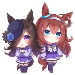 2girls ahoge animal_ears asymmetrical_bangs blue_eyes blue_flower blue_hat blue_rose blush bow bowtie brown_hair brown_shoes chibi chibi_only commentary_request double-parted_bangs ear_ornament flipped_hair flower hair_over_one_eye hairband hat hat_flower horse_ears horse_girl horse_tail horseshoe_ornament loafers long_hair long_sleeves looking_at_viewer metal_hairband mihono_bourbon_(umamusume) multiple_girls open_mouth parted_lips pleated_skirt purple_eyes purple_sailor_collar purple_shirt purple_skirt purple_thighhighs rice_shower_(umamusume) rose sailor_collar sailor_shirt sanotsuki school_uniform shirt shoes simple_background skirt tail thighhighs tilted_headwear tracen_school_uniform umamusume white_background white_bow white_bowtie winter_uniform