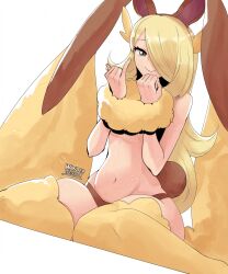 1girl absurdres alternate_costume animal_ear_fluff animal_ears artist_name bare_shoulders blonde_hair brown_panties convenient_censoring cosplay cynthia_(pokemon) eyelashes fake_animal_ears fake_tail fur_cuffs gen_4_pokemon grey_eyes hair_ornament hair_over_one_eye half-closed_eyes hands_up highres kneeling long_hair looking_at_viewer lop_rabbit_ears lopunny lopunny_(cosplay) navel nintendo panties pinky_out pokemon pokemon_dppt rabbit_ears rabbit_tail sitting smile solo tail thick_thighs thighhighs thighs twitter_username underwear wanderjegson wariza white_background wide_hips wrist_cuffs yellow_thighhighs
