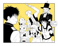 2girls 5boys anger_vein black_bow black_bowtie black_coat border bow bowtie coat facial_hair hat holding holding_sign holding_stick horse_boy kafka_sunbeam kanchome_(konjiki_no_gash!!) konjiki_no_gash!! long_hair long_shirt multiple_boys multiple_girls mustache nazonazo_hakase oumi_megumi short_hair sign skirt stick takamine_kiyomaro tio_(konjiki_no_gash!!) top_hat umagon_(konjiki_no_gash!!) white_border yellow_background zfhe8252